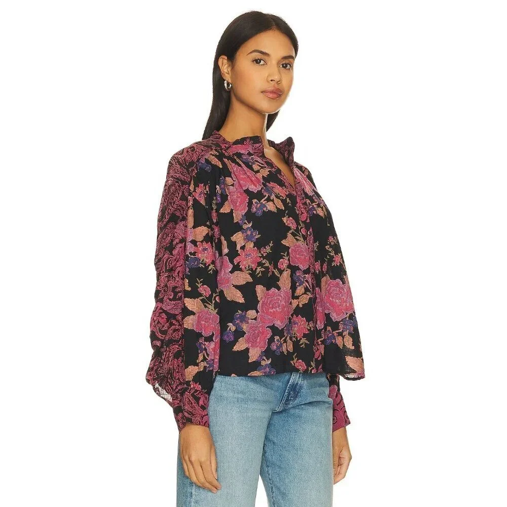 Free People Maraya Button Top in Black Combo XSmall New Womens Blouse